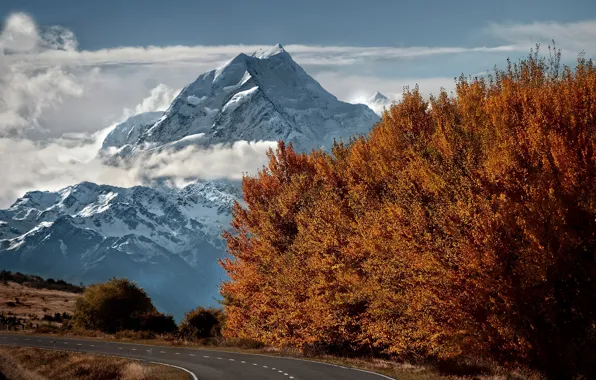 Картинка дорога, осень, снег, деревья, горы, вершина