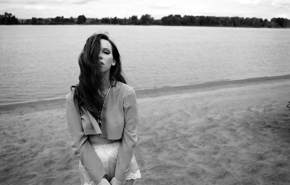 Girl, blouse, river, woman, water, model, sand, shore