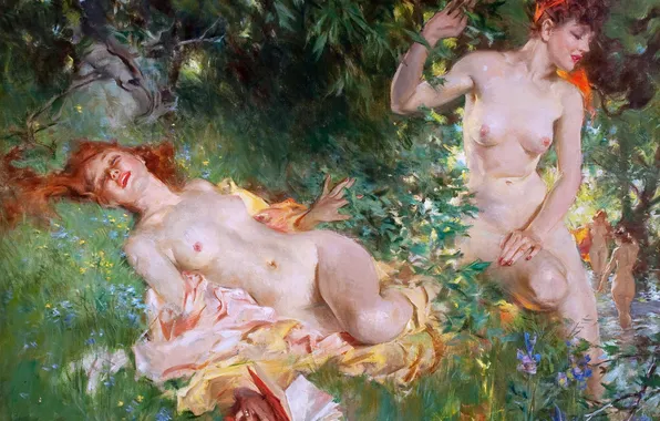 Девушки, Картина, Двое, Обнажены, Американский художник, Howard Chandler Christy, Говард Чандлер Кристи, Нимфы летом