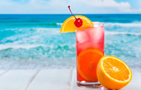 Картинка лед, море, лето, вишня, фон, апельсин, коктейль, цитрус