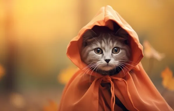 Осень, кошка, кот, взгляд, поза, котенок, капюшон, плащ