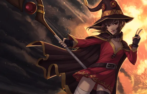 Девушка, шляпа, платье, маг, посох, плащ, art, megumin