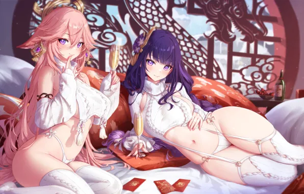Девушки, дракон, игра, кровать, шампанское, Genshin Impact, Raiden Shogun, Yae Miko