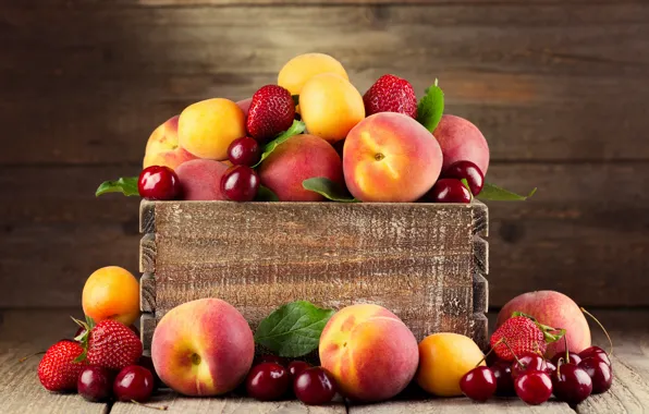Картинка вишня, клубника, ягода, фрукты, ящик, персики, абрикосы