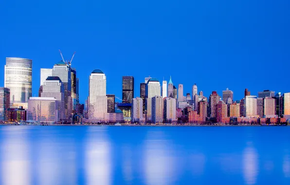 Картинка небо, вода, небоскреб, дома, Нью-Йорк, США, Манхэттен