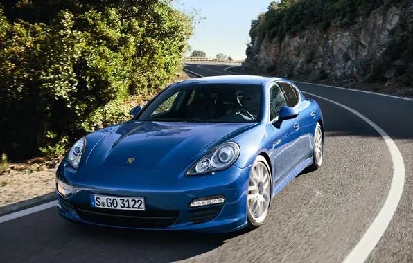 Картинка дорога, синий, поворот, порше, Porsche Panamera S Hybrid 2011