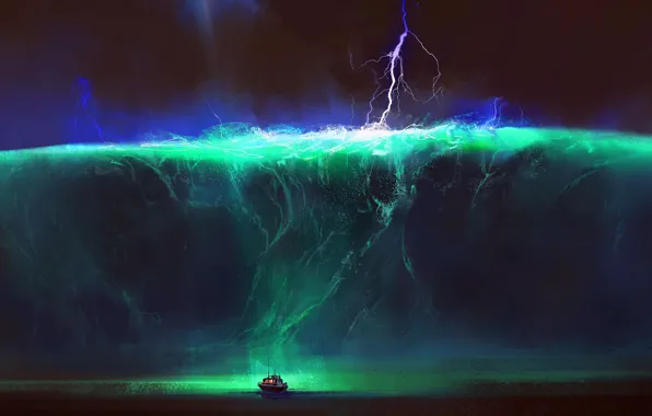 Вода, Молния, Волна, Катер, Арт, Цунами