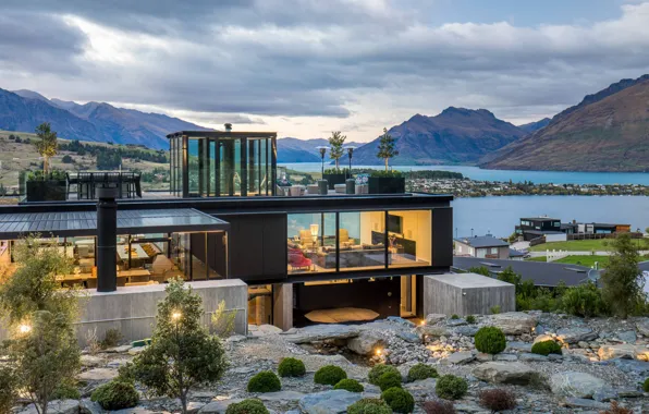 Новая Зеландия, лифт, luxury villa, Квинстаун, outside-inside house, современная резиденция, landscape views to Lake Wakatipu, …