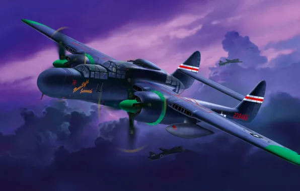 Art, airplane, painting, aviation, P-61B Black Widow