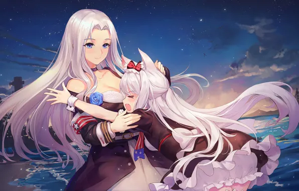 Girl, cleavage, beach, long hair, dress, anime, blue eyes, beautiful