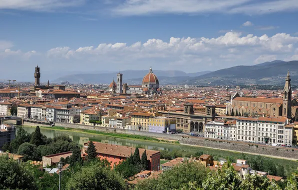 Картинка небо, горы, река, дома, Италия, панорама, собор, Флоренция
