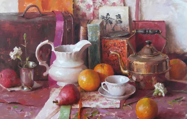 Картинка цветок, книги, апельсины, картина, чайник, чашка, чемодан, кувшин