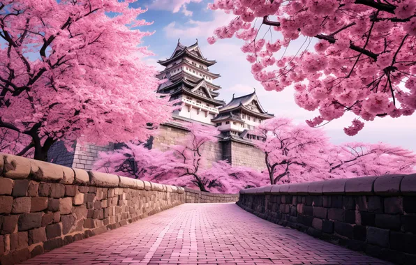 Картинка замок, япония, сакура, цветение, landscape, pink, blossom, view