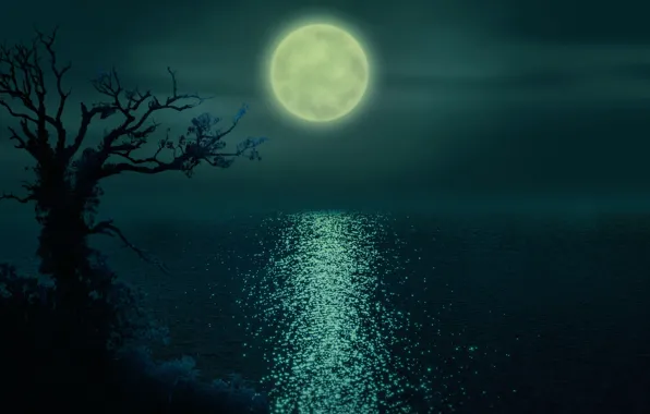 Картинка ночь, река, Луна, рябь на воде, одинокое дерево