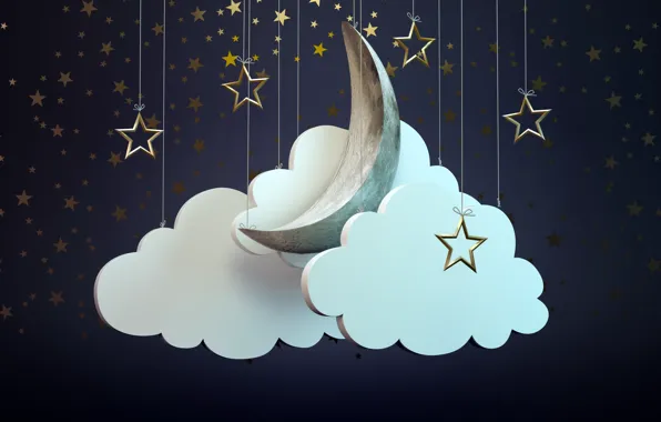 Звезды, облака, месяц, рендер, hq wallpaper