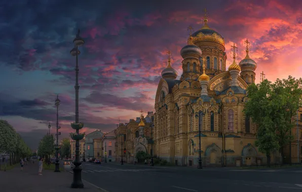Картинка дорога, закат, вечер, фонари, Санкт-Петербург, храм, Россия, Андрей Кучеров