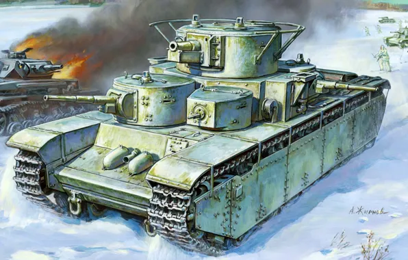 Картинка зима, пушки, арт, художник, танк, СССР, битва, пулеметы