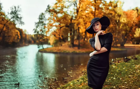 Осень, девушка, платье, шляпка, Россия, Autumn colors