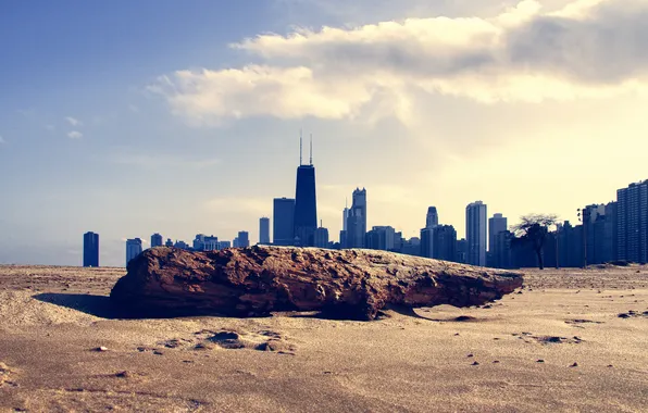 Картинка пляж, небоскребы, бревно, чикаго, Chicago, мичиган