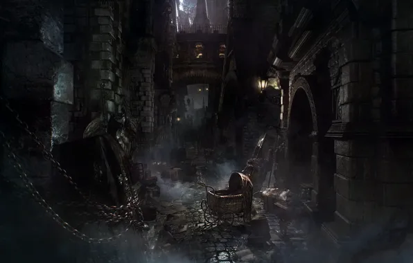 Город, фонарь, коляска, Bloodborne