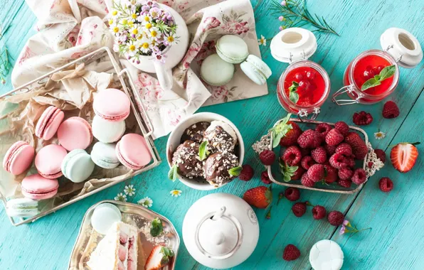 Картинка ягоды, малина, шоколад, ромашки, печенье, мороженое, пирожное, десерт
