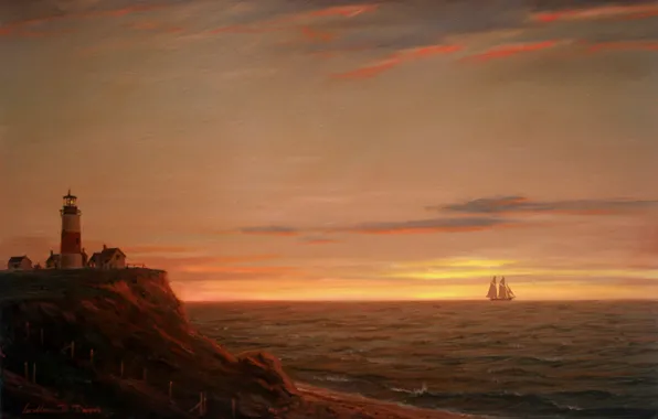 Картинка море, небо, свет, пейзаж, закат, берег, маяк, корабль