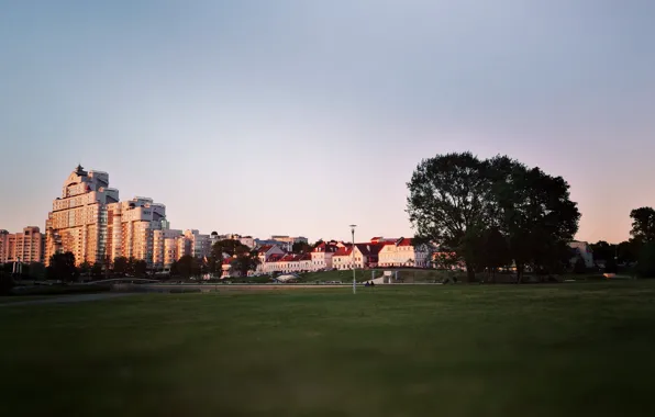 Небо, Вечер, Дерево, Город, Река, Дом, Лето, Relax
