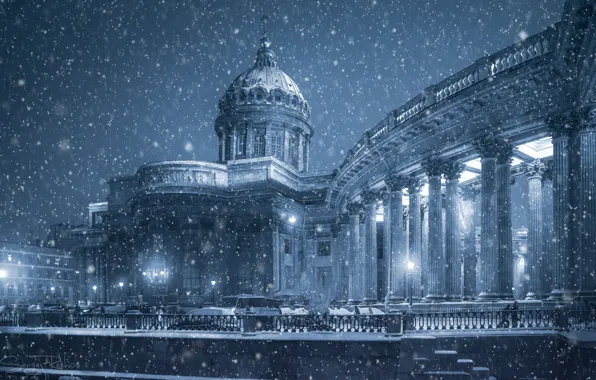 Картинка зима, снег, Санкт-Петербург, храм, Россия, Казанский собор, набережная, колоннада