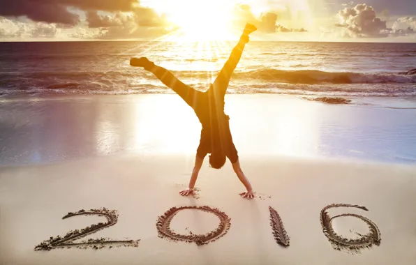 Картинка песок, пляж, закат, Новый Год, New Year, Happy, 2016