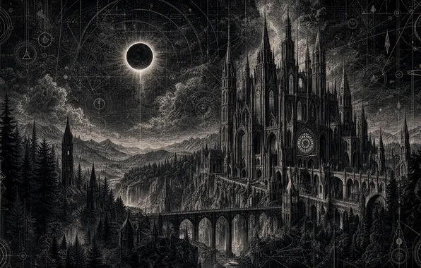 Картинка AI art, gothic, eclipse, dark, art gallery
