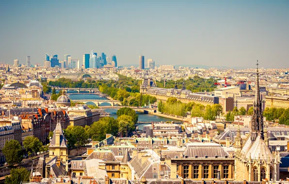 Картинка мост, река, Франция, Париж, дома, солнечно