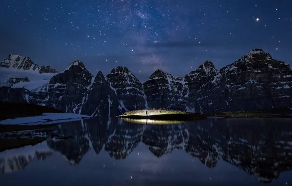 Картинка звезды, горы, ночь, Канада, Альберта, Banff National Park, Minnestimma Lake