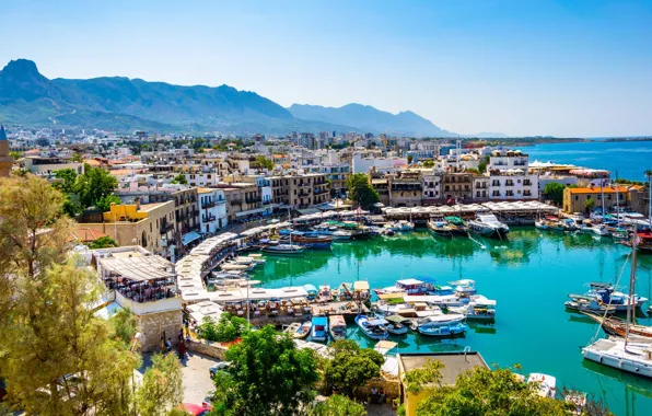 Море, дома, яхты, Кипр, Kyrenia Harbour
