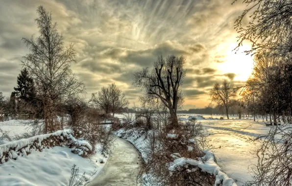 Картинка зима, небо, облака, снег, деревья, пейзаж, закат, природа