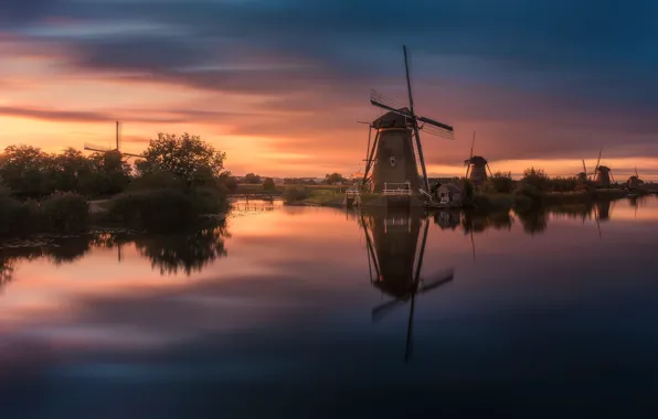 Река, вечер, канал, Нидерланды, ветряные мельницы