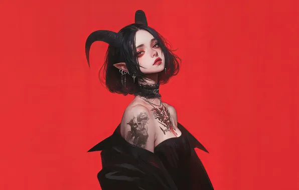 Girl, Devil, Anime, Skull, Tattoo, Demon, Horn, Red Background