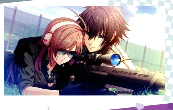 Наушники, очки, сердечки, двое, свидание, прицел, винтовка, visual novel