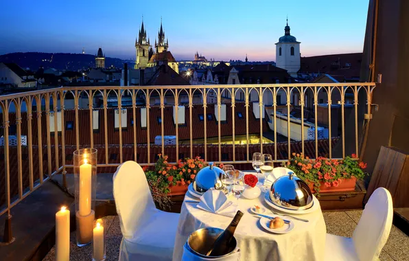 Цветы, свечи, балкон, прага, столик, Prague, Czech, ужин