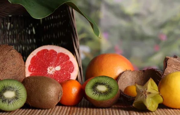 Картинка лимон, кокос, киви, фрукты, грейпфрут