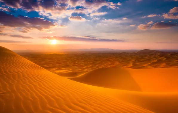 Картинка песок, солнце, закат, пустыня, бархан, Сахара, Марокко