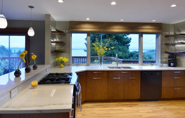 Дизайн, комната, интерьер, кухня, ретро стиль, вид на озеро, Mid-century modern kitchen, by Judith wright …