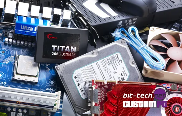 Картинка hardware, keyboard, hard drive, motherboard, cooler, video card, cables, solid hard disk