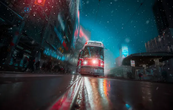 Картинка дорога, снег, улица, Канада, трамвай, Торонто, Canada, Toronto