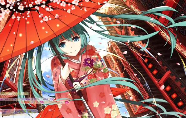 Картинка девушка, зонт, аниме, лепестки, сакура, арт, кимоно, vocaloid