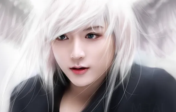 Картинка девушка, лицо, арт, белые волосы, M-Tai