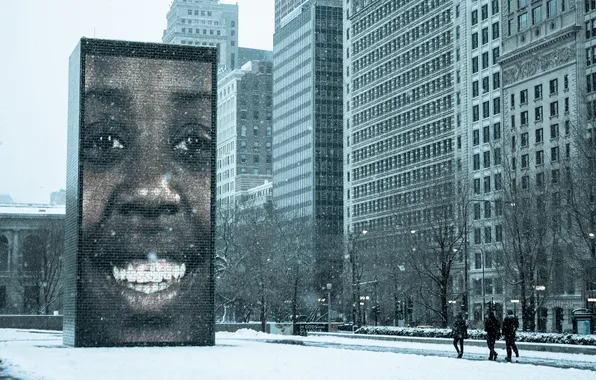 Картинка зима, снег, город, улица, небоскребы, Чикаго, Иллиноис