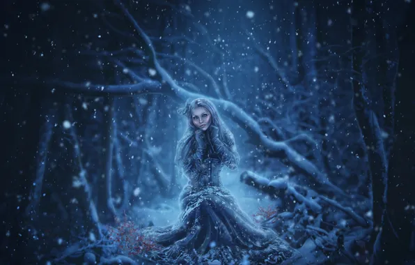Картинка холод, зима, лес, девушка, снег, сидя