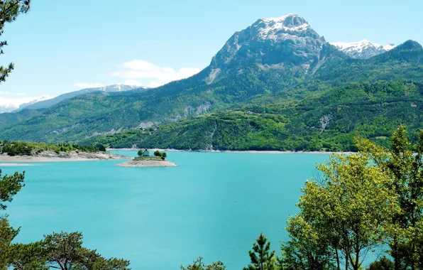 Картинка горы, озеро, Франция, остров, часовня, France, le lac de Savines, Chapeelle St-Micehle