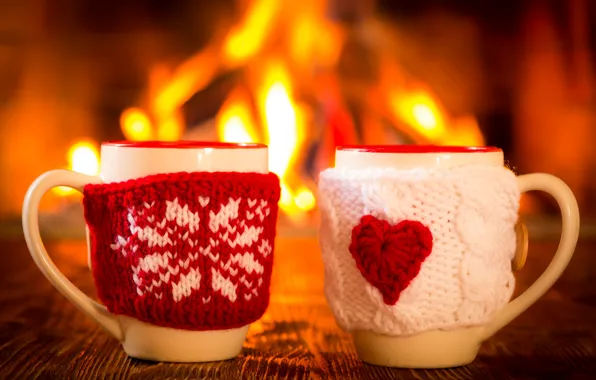 Зима, кофе, горячий, чашка, fire, камин, winter, cup