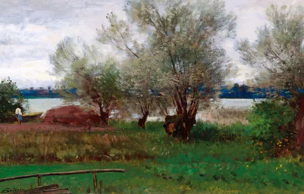 Трава, Деревья, Река, Картина, Немецкий художник-пейзажист, Йозеф Вопфнер, Josef Wopfner, Пейзаж на берегу реки Хиемзее